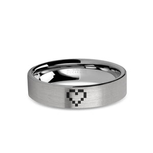Retro Wedding Ring 8-Bit Pixelated Heart in Brushed Silver Tungsten