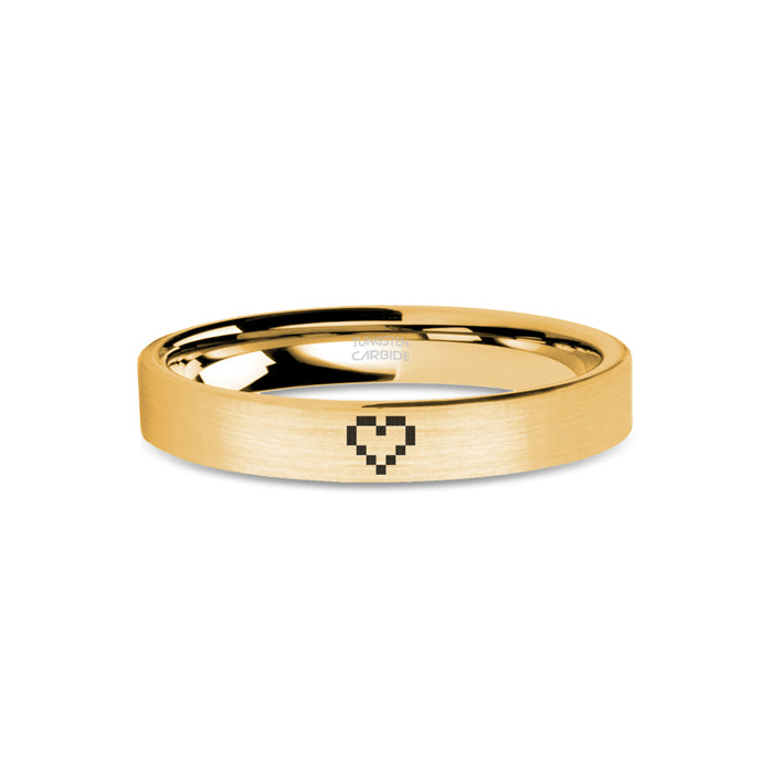 8-bit Love Heart Gamer Engraved Brushed Yellow Gold Tungsten Ring