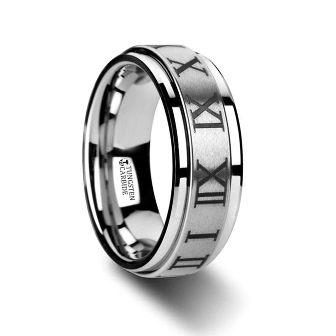 Roman Numeral Engraved Tungsten Spinner Ring with Raised Center