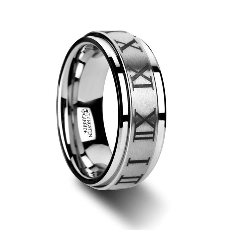 Roman Numeral Engraved Tungsten Spinner Ring with Raised Center