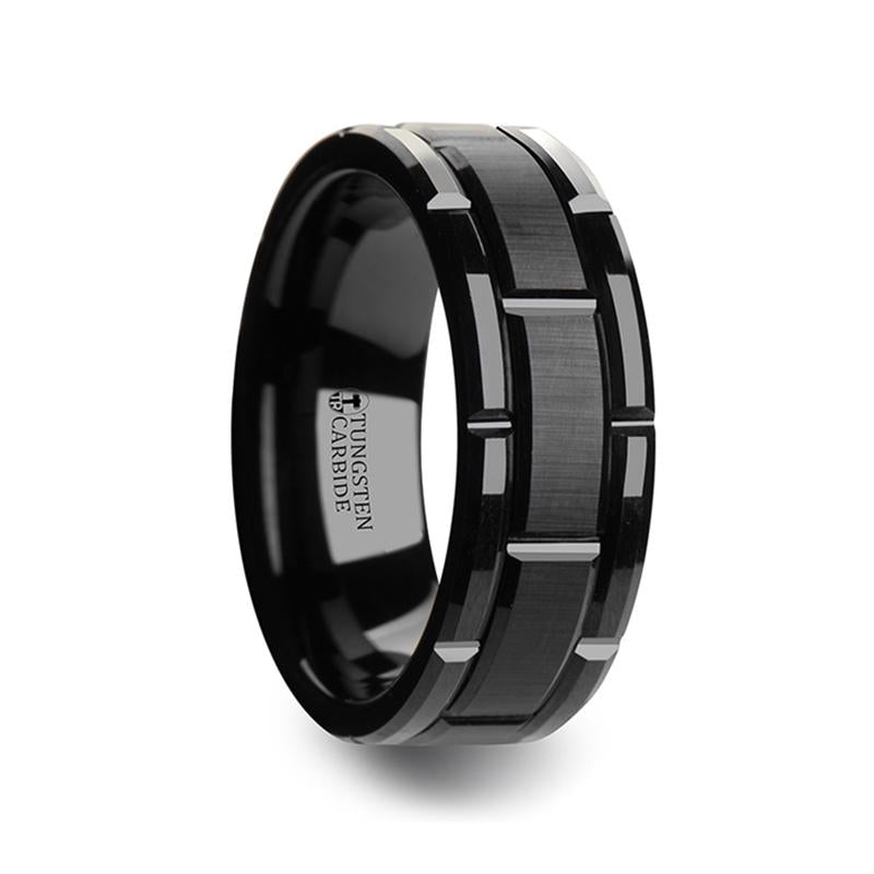 Brushed Center Finish Wrist Watch Grooved Black Tungsten Band