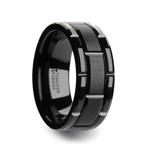 Brushed Center Finish Wrist Watch Grooved Black Tungsten Band