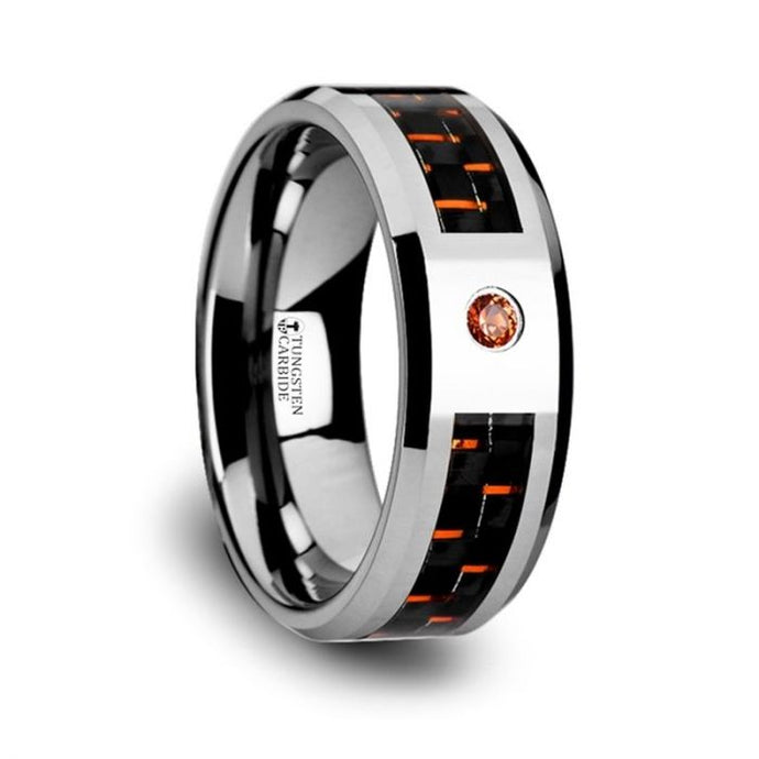 Orange Padparadscha Black Carbon Fiber Inlay Tungsten Ring