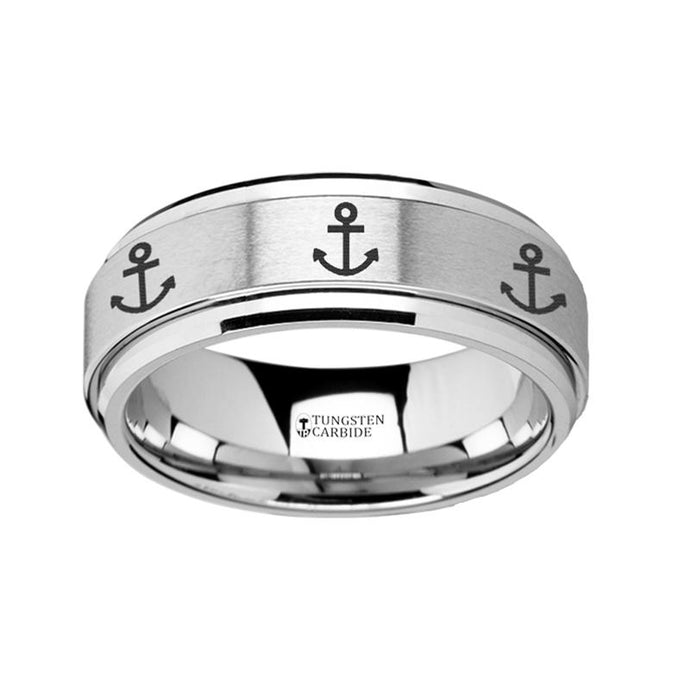 Nautical Theme Ship Anchor Engraved Tungsten Spinner Ring