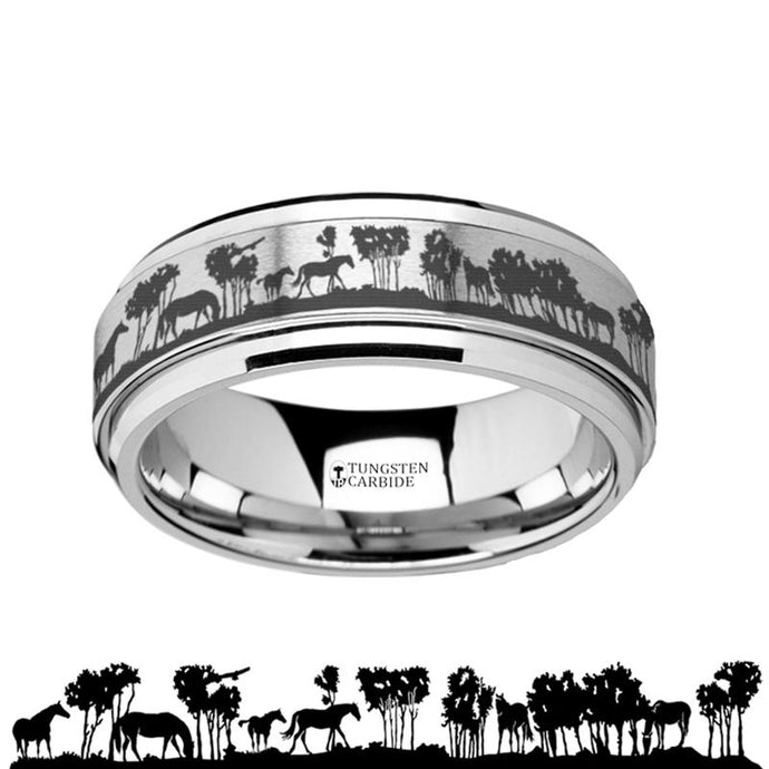 Intricate Wild Horses Scene Tungsten Carbide Spinner Ring