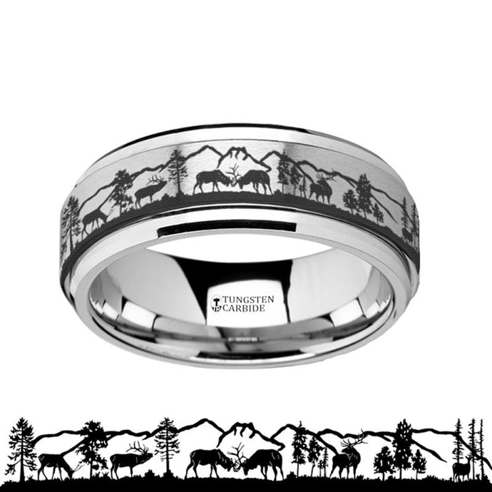 Grazing Deer Stags with Mountain Range Tungsten Spinner Ring