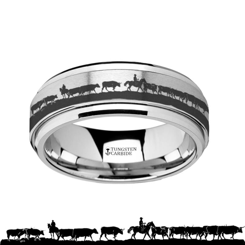 Cowboy Cattle Herd Engraved Tungsten Spinner Ring