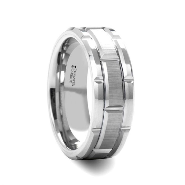 Watch Strap Grooved Tungsten Ring with Brushed Center Finish