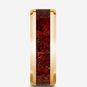 Red Dinosaur Bone Inlay Yellow Gold Ring, 14K, Beveled