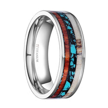 Load image into Gallery viewer, Real Deer Antler, Turquoise, Wood Inlay Titanium Wedding Band