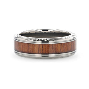 Exotic Koa Wood Inlay Titanium Ring, Carved Edges
