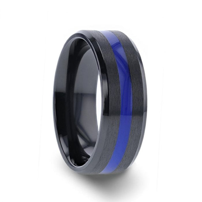 Black Ceramic Wedding Ring with Polished Blue Center Stripe