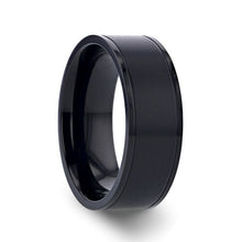 Load image into Gallery viewer, Brushed Black Titanium Wedding Band with Polished Grooved Edges