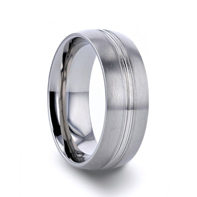 Polished Grooved Center Brushed Titanium Wedding Band, Rounded