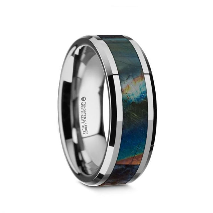 Iridescent Dinosaur Fossil Spectrolite Tungsten Ring, Beveled