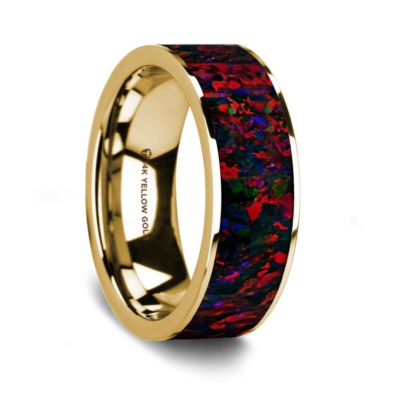 Red Black Opal Inlay Yellow Gold 14K Wedding Ring, Flat Edges