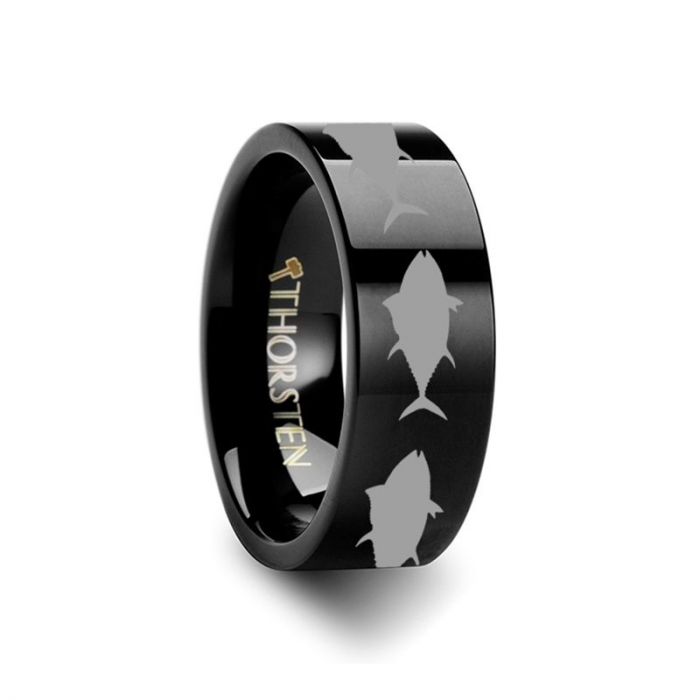 Tuna Fish Outline Pattern Engraved on Black Tungsten Ring