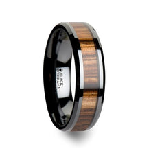 Load image into Gallery viewer, Zebra Wood Inlay Black Ceramic Wedding Band