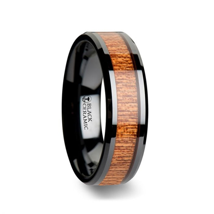 African Sapele Wood Inlay Black Ceramic Ring