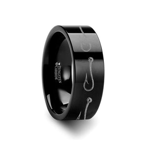 Fish Hook Pattern Engraving Flat Black Tungsten Ring