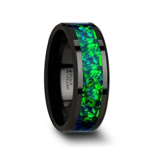 Brilliant Green-Blue Opal Black Ceramic Anniversary Ring