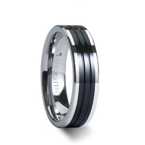 Grooved Tungsten Ring with Black Ceramic Inlay