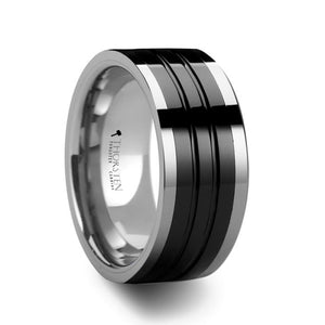 Tungsten Ring Grooved with Black Ceramic Inlay
