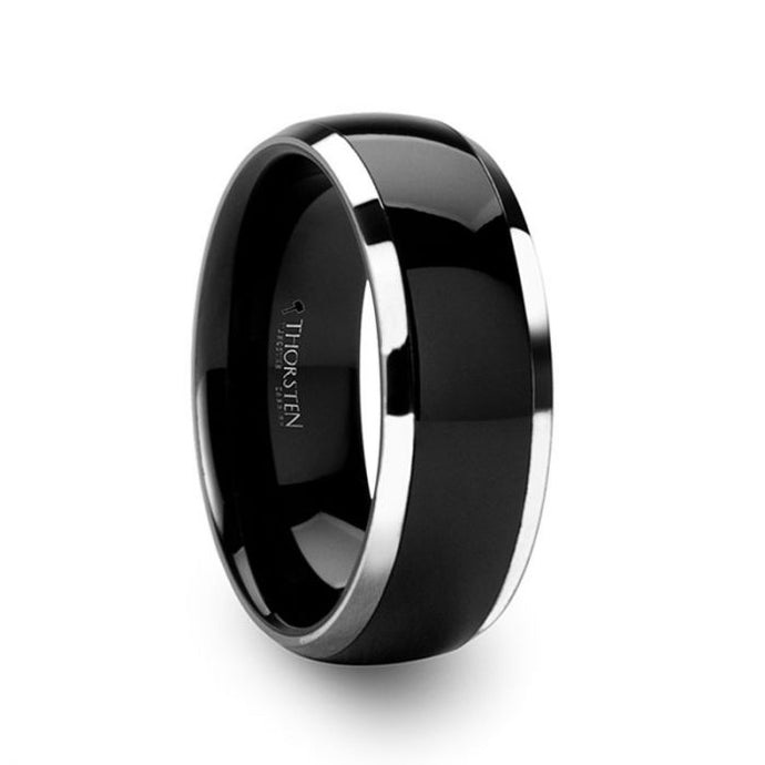 Domed Tungsten Ring with Black Ceramic Inlay