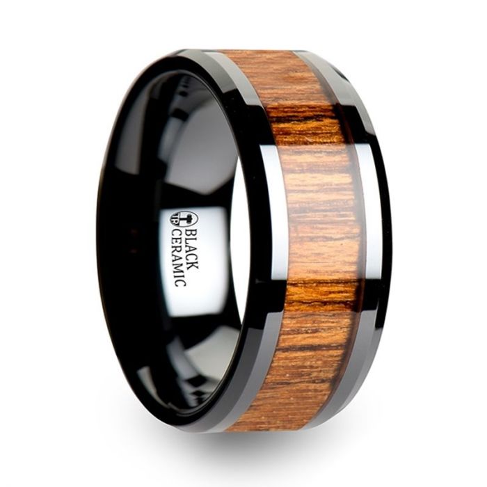 Teak Wood Black Ceramic Wedding Ring