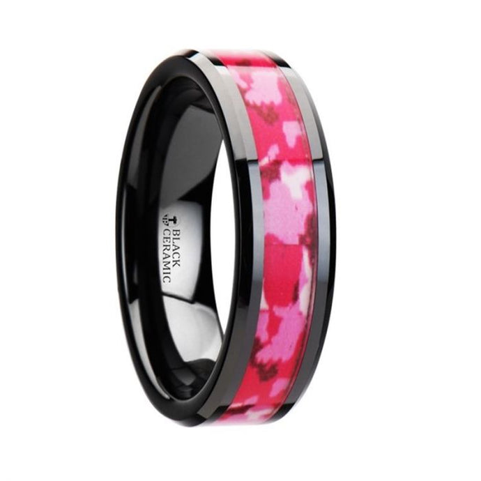 Hot Pink White Camouflage Black Ceramic Ring for Ladies