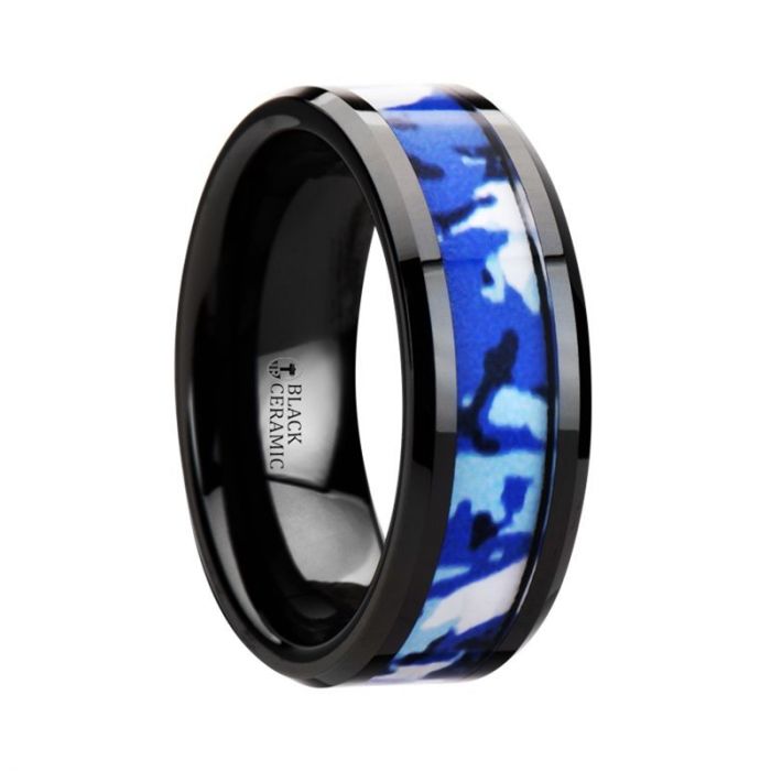 Blue White Camo Black Ceramic Ring with Beveled Edge