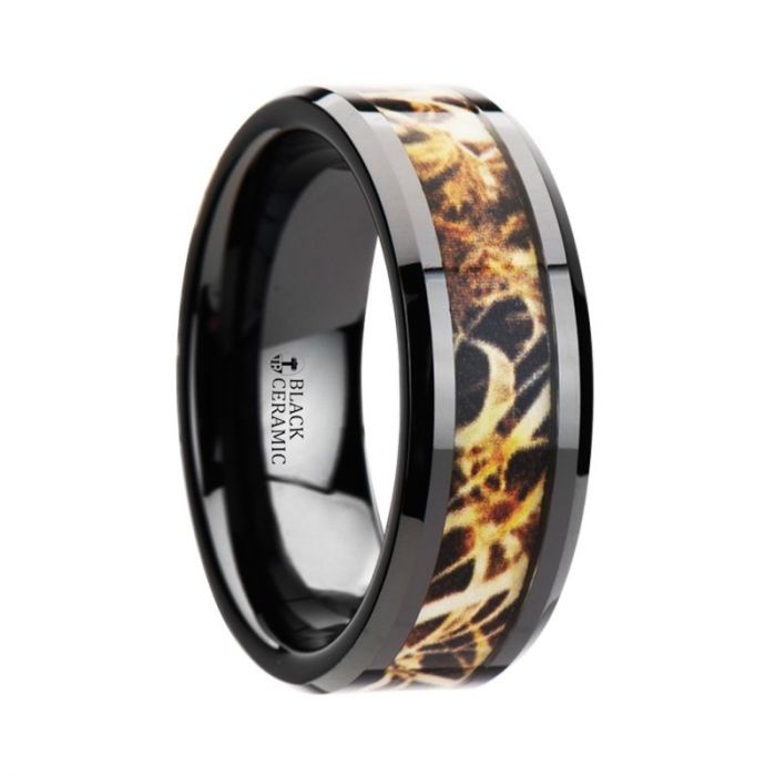 Grass Leaf Camo Inlay Black Ceramic Anniversary Ring