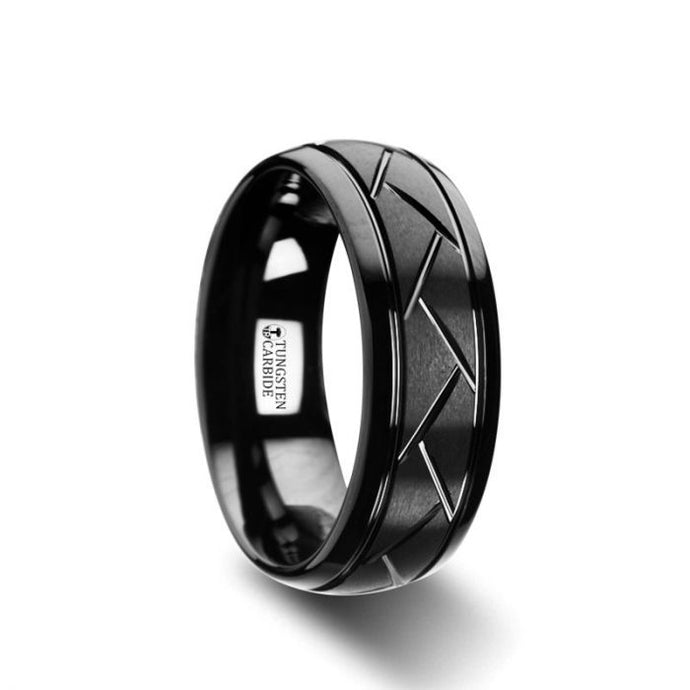 Cross Cut Grooved Black Tungsten Carbide Ring
