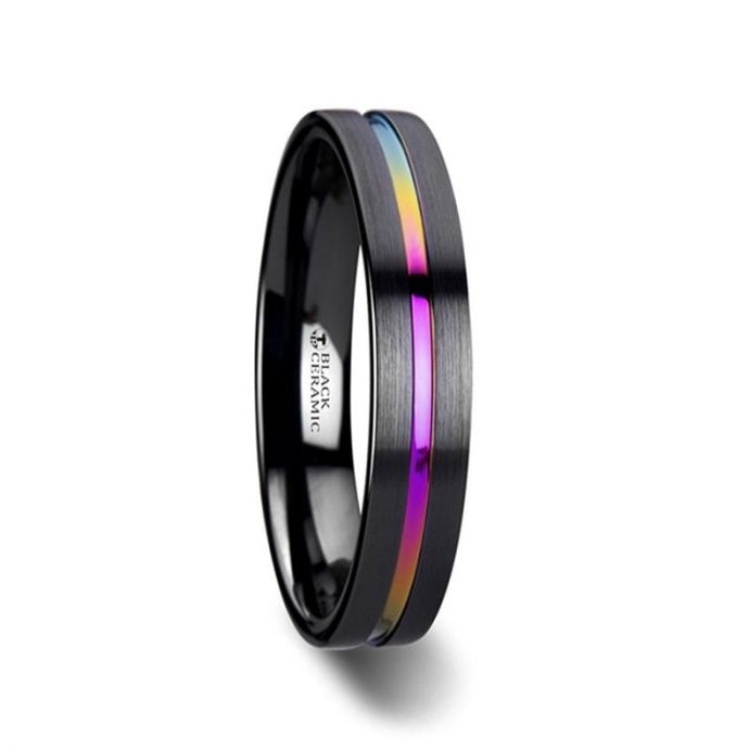 Flat Black Ceramic Ring with Grooved Rainbow Center