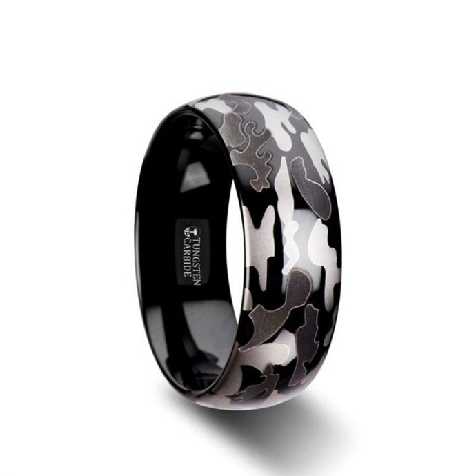 Black and Gray Camo Pattern Domed Black Tungsten Ring with