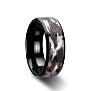Black and Gray Hunter Camo Black Tungsten Carbide Wedding Ring