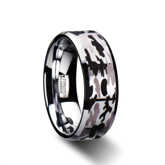 Black and Gray Camouflage Tungsten Wedding Band