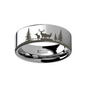 Deer Forest Engraved Flat Tungsten Ring