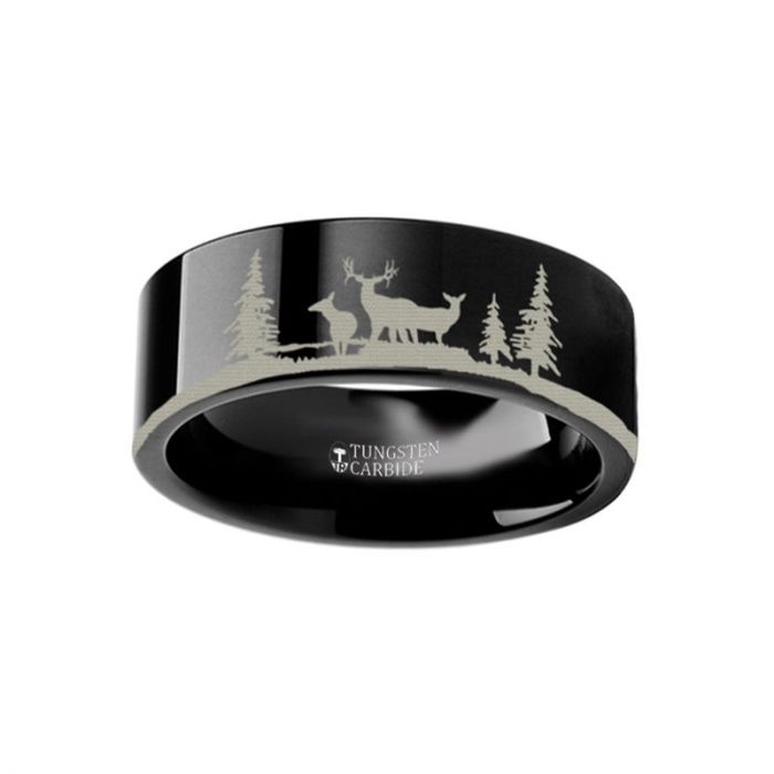 Reindeer Herd Forest Landscape Black Tungsten Ring