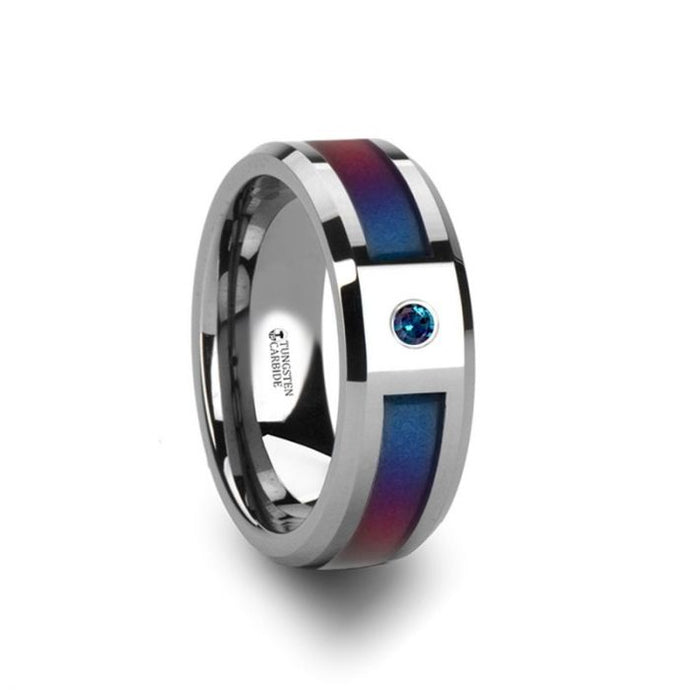 Tungsten Ring with Color Changing Blue Purple Inlay and Alexandrite Gemstone