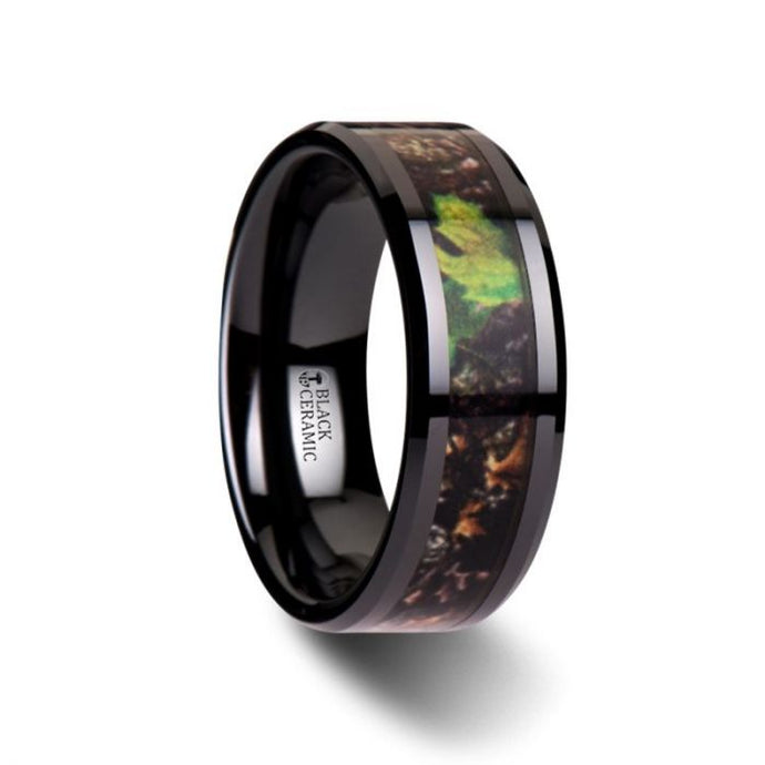 Green Leaf Tree Camo Black Ceramic Anniversary Ring