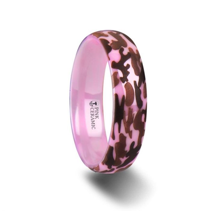 Camo Laser Engraved Pink Ceramic Wedding Band for Ladies