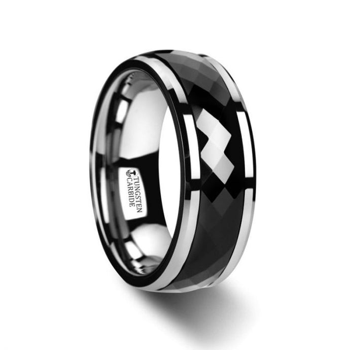 Domed Diamond Pattern Black Ceramic Spinner Ring with Tungsten Edges