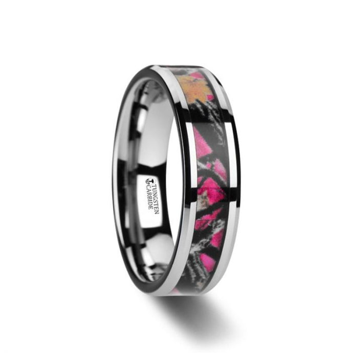 Real Pink Oak Leaf Tree Camo Tungsten Anniversary Band
