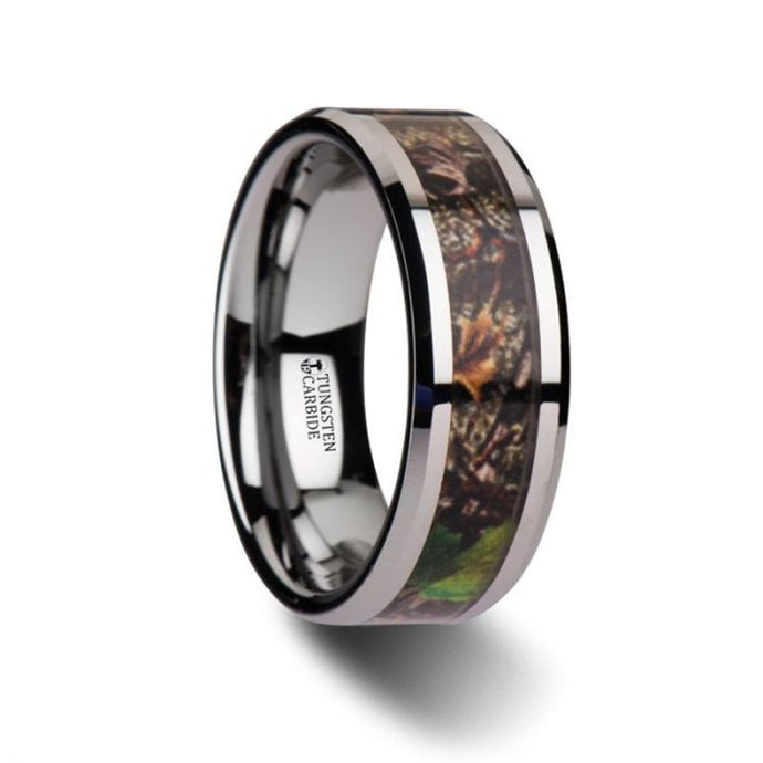Brown Hunting Camo with Green Leaf Tungsten Carbide Ring