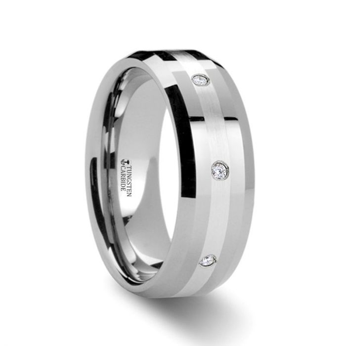 Silver Inlay with Diamond Settings Tungsten Wedding Band