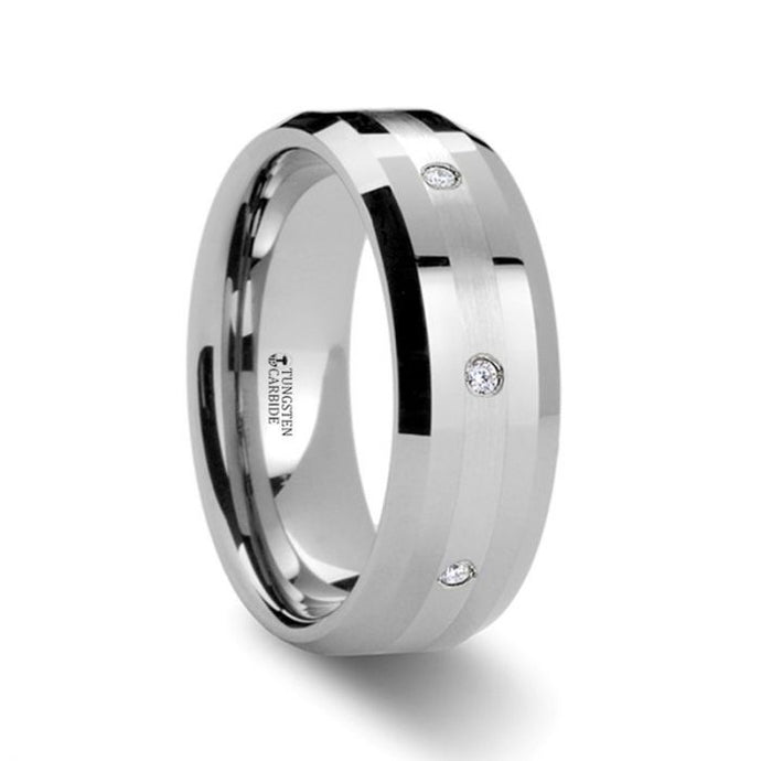 Palladium Inlay Tungsten Wedding Ring with Diamonds, Beveled