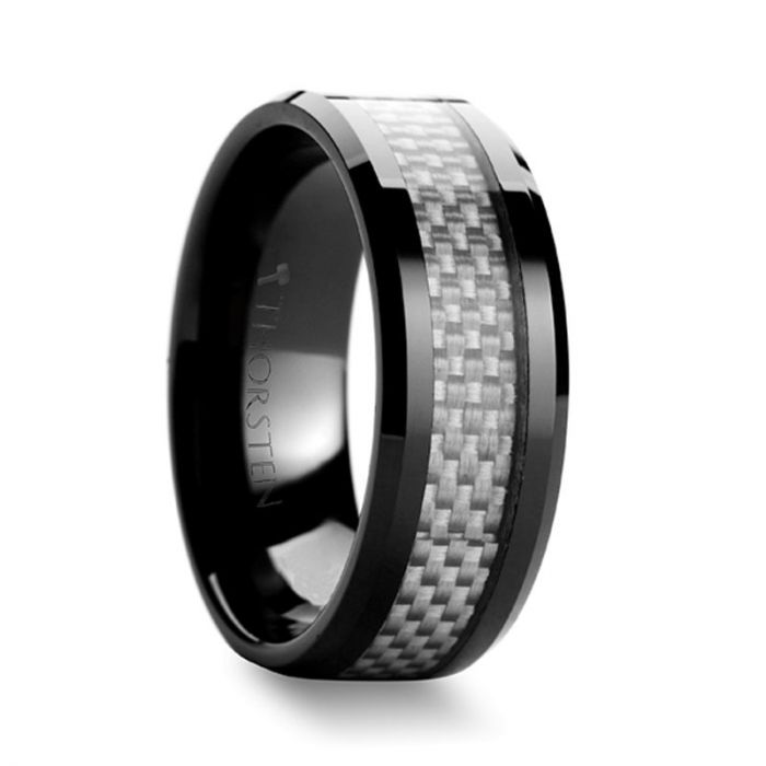 Black Ceramic Beveled Ring with White Carbon Fiber