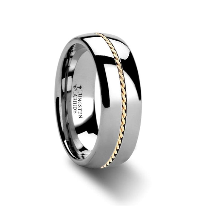 14K Gold Braided Inlay Tungsten Carbide Wedding Band, Domed