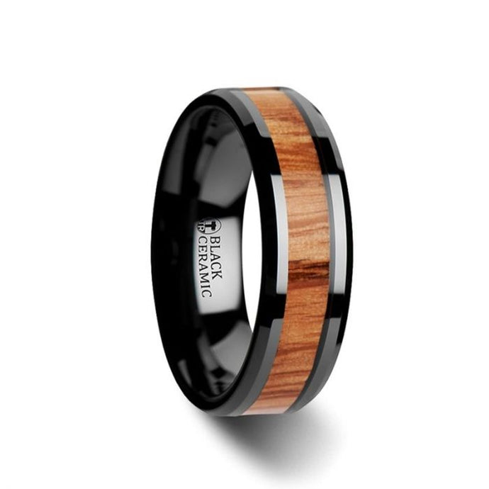Red Oak Wood Inlay Black Ceramic Ring Beveled